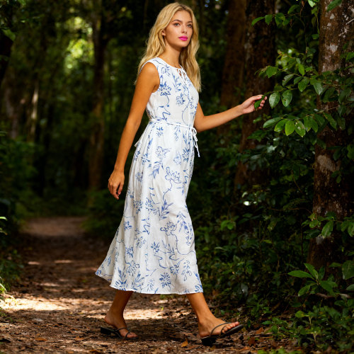 Linen Printed Midi Dress Manufacturer | Custom Summer Linen Dresses