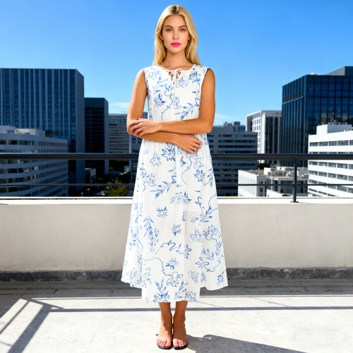 Linen Printed Midi Dress Manufacturer | Custom Summer Linen Dresses