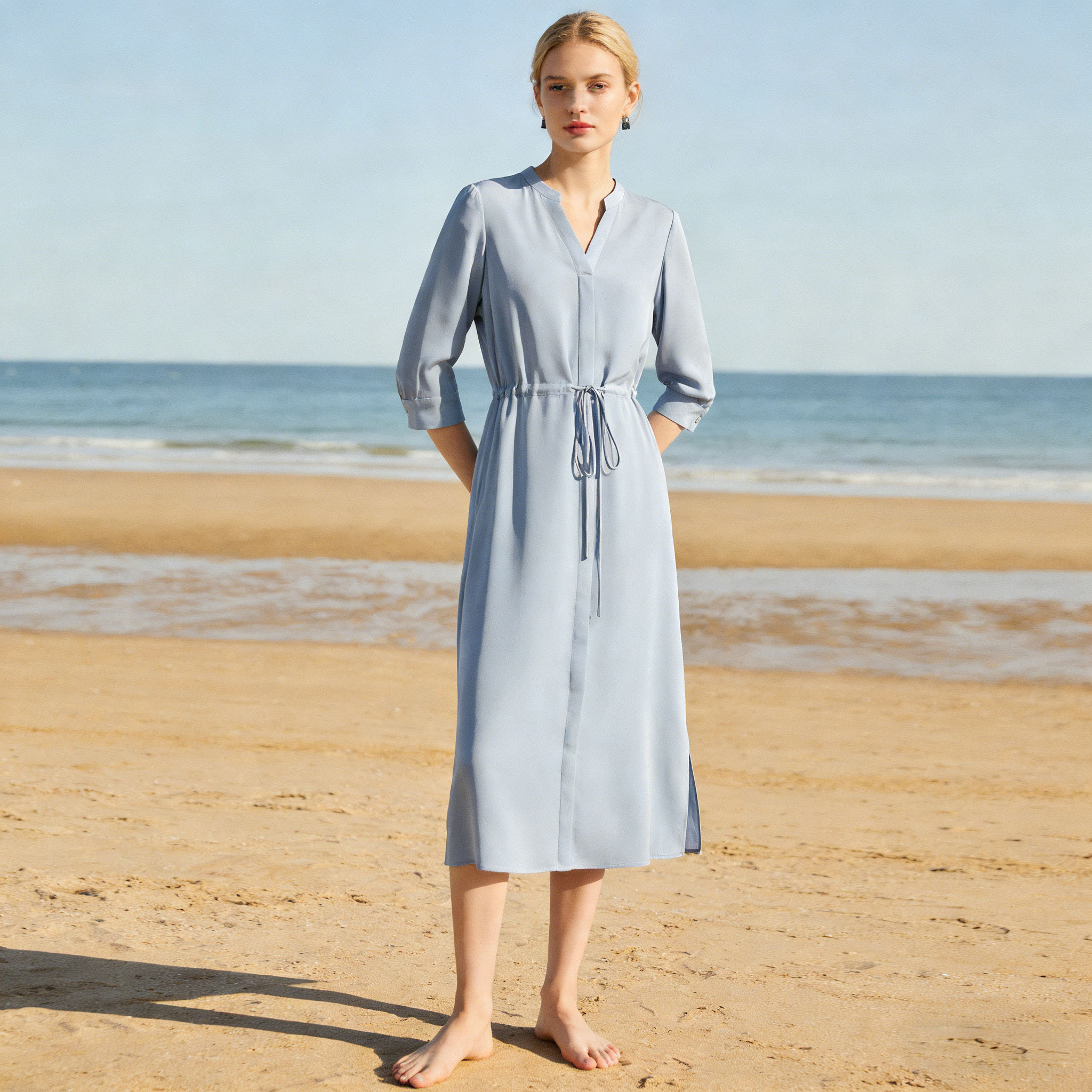 Custom Silk Drawstring Midi Shirt Dress