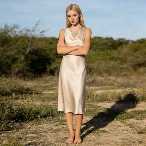 Custom Silk Asymmetrical Cowl Neck Midi Dress