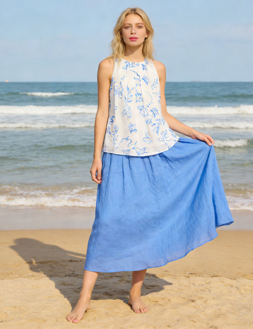 custom Linen Two Piece Set Manufacturer | Floral Linen Top & Skirt | Linenwind