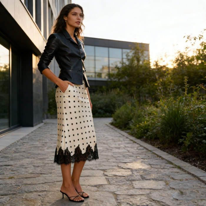 Custom Silk Polka Dot Midi Skirt Manufacturing | Lace Trim Silk Skirt OEM – Linenwind