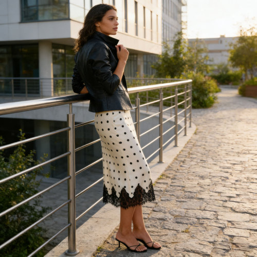 Custom Silk Polka Dot Midi Skirt Manufacturing | Lace Trim Silk Skirt OEM – Linenwind