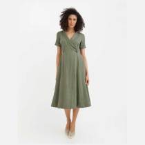 Custom Linen Wrap Dress Manufacturer | Sage Green Midi Dress for Women | Sustainable Linen Clothing Supplier