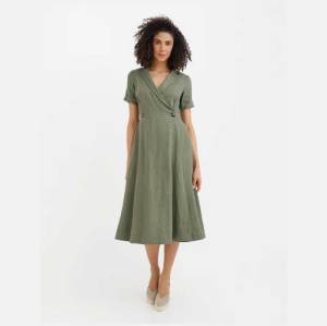 Custom Linen Wrap Dress Manufacturer | Sage Green Midi Dress for Women | Sustainable Linen Clothing Supplier