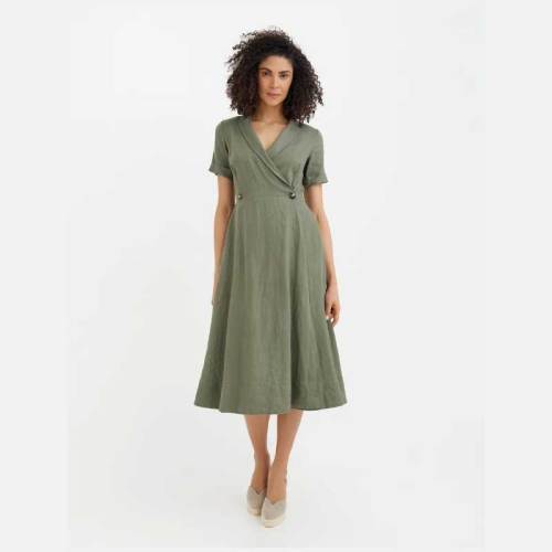 Custom Linen Wrap Dress Manufacturer | Sage Green Midi Dress for Women | Sustainable Linen Clothing Supplier