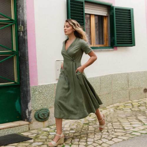 Custom Linen Wrap Dress Manufacturer | Sage Green Midi Dress for Women | Sustainable Linen Clothing Supplier