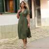 Custom Linen Wrap Dress Manufacturer | Sage Green Midi Dress for Women | Sustainable Linen Clothing Supplier