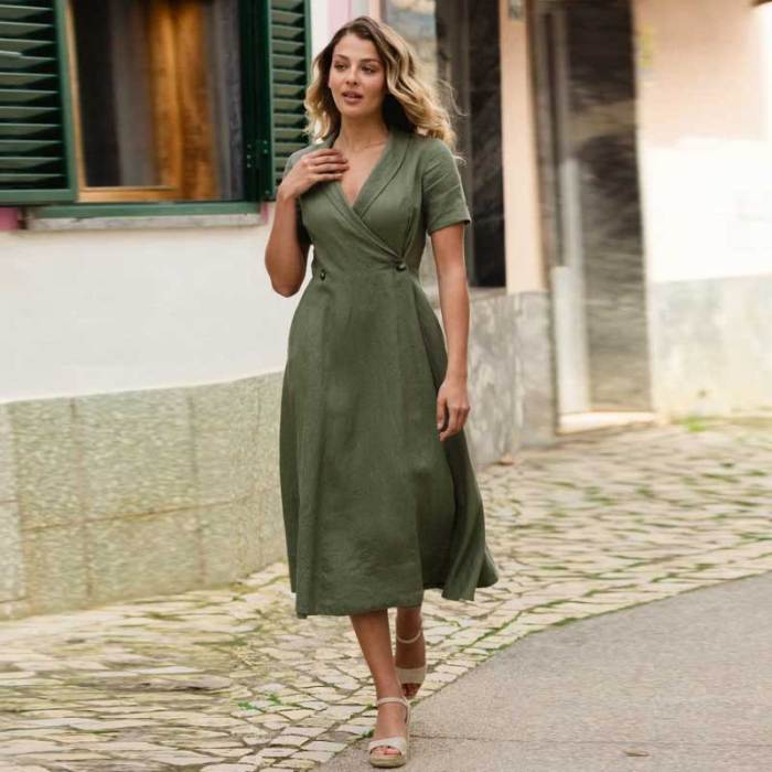 Custom Linen Wrap Dress Manufacturer | Sage Green Midi Dress for Women | Sustainable Linen Clothing Supplier