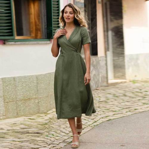Custom Linen Wrap Dress Manufacturer | Sage Green Midi Dress for Women | Sustainable Linen Clothing Supplier