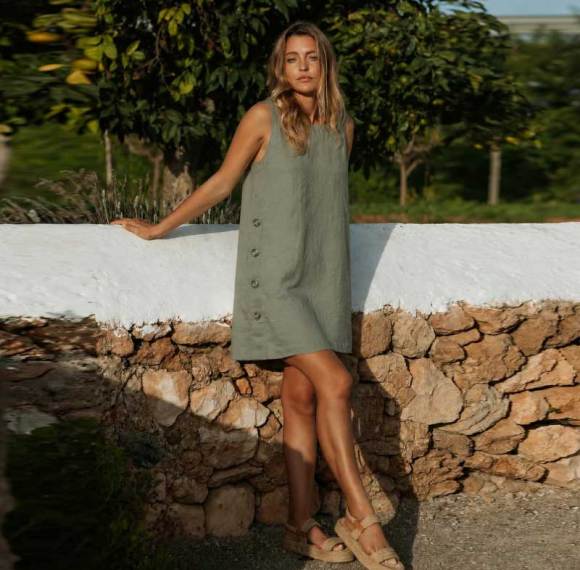 Sage Green Linen Wrap Dress for Women | Custom Sustainable Midi Dress with Pockets | OEM Linen Clothing Manufacturer
