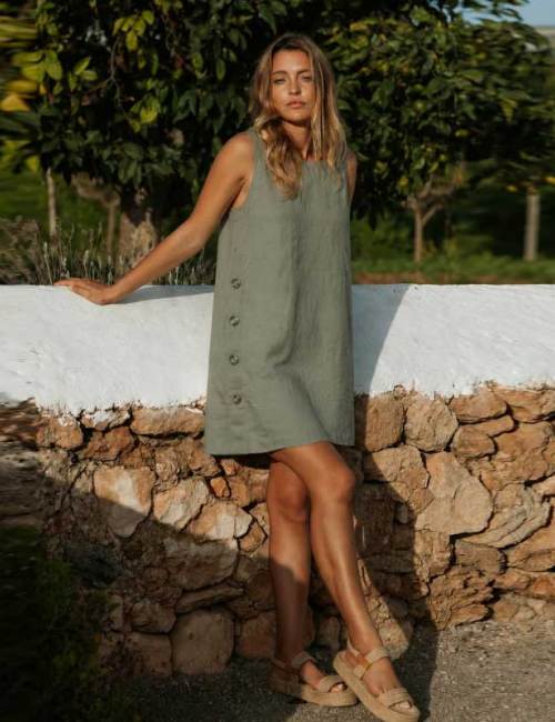 Sage Green Linen Wrap Dress for Women | Custom Sustainable Midi Dress with Pockets | OEM Linen Clothing Manufacturer