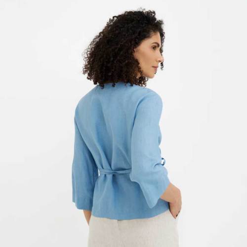 Custom Sustainable Wrap Linen Blouse | Women's V-Neck Three-Quarter Sleeve Self-Tie Top | OEM Linen Clothing Manufacturer