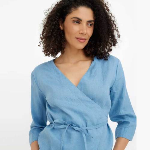 Custom Sustainable Wrap Linen Blouse | Women's V-Neck Three-Quarter Sleeve Self-Tie Top | OEM Linen Clothing Manufacturer