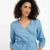 Custom Sustainable Wrap Linen Blouse | Women's V-Neck Three-Quarter Sleeve Self-Tie Top | OEM Linen Clothing Manufacturer