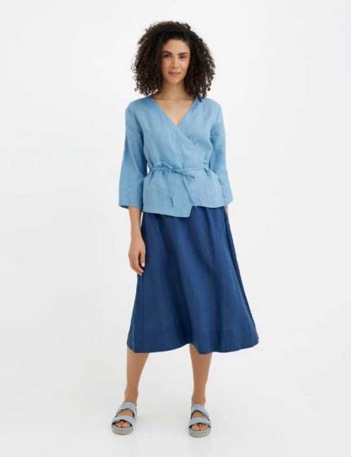 Custom Sustainable Wrap Linen Blouse | Women's V-Neck Three-Quarter Sleeve Self-Tie Top | OEM Linen Clothing Manufacturer