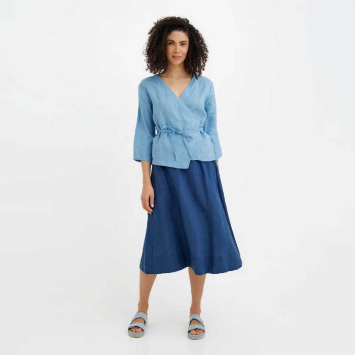 Custom Sustainable Wrap Linen Blouse | Women's V-Neck Three-Quarter Sleeve Self-Tie Top | OEM Linen Clothing Manufacturer