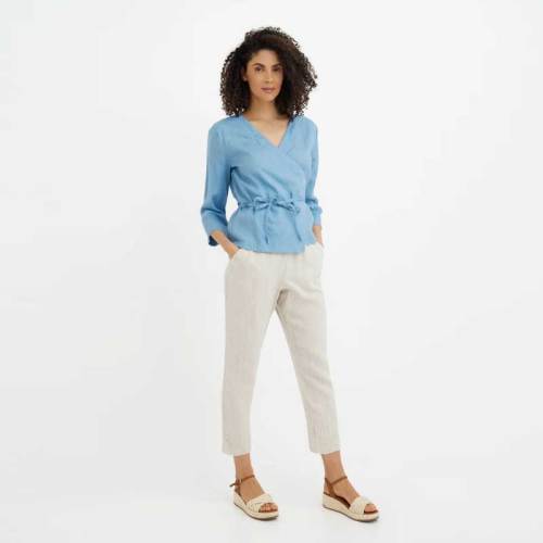 Custom Sustainable Wrap Linen Blouse | Women's V-Neck Three-Quarter Sleeve Self-Tie Top | OEM Linen Clothing Manufacturer