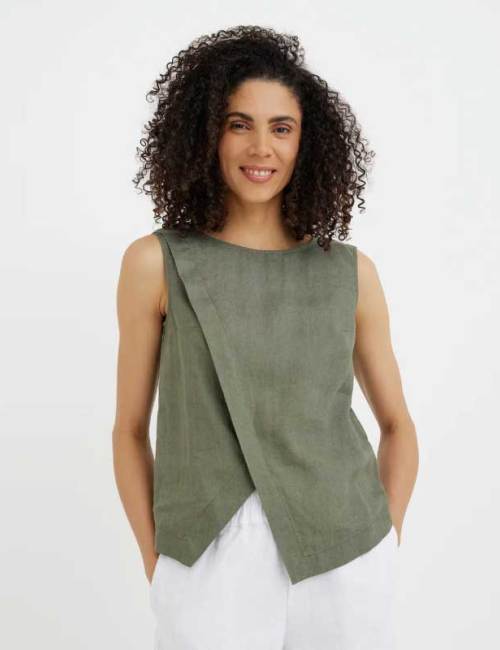 Custom Linen Sleeveless Wrap Top | Sustainable Sleeveless Linen Blouse for Women | OEM Flax Linen Vest Manufacturer