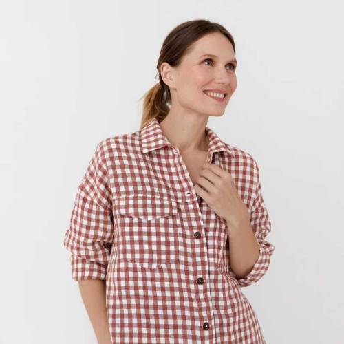 Custom Women's Linen Gingham Shirt | Sustainable Oversized Button-Front Linen Shirt Manufacturer OEM/ODM for Boutique