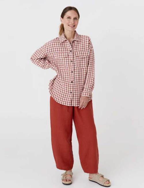 Custom Women's Linen Gingham Shirt | Sustainable Oversized Button-Front Linen Shirt Manufacturer OEM/ODM for Boutique