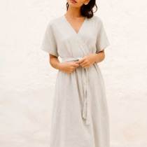 Custom Women's Linen Wrap Dress | Sustainable V-Neck Midi Dress Manufacturer OEM/ODM for Boutiques
