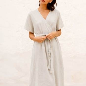 Custom Women's Linen Wrap Dress | Sustainable V-Neck Midi Dress Manufacturer OEM/ODM for Boutiques
