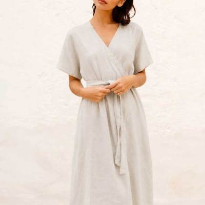 Custom Women's Linen Wrap Dress | Sustainable V-Neck Midi Dress Manufacturer OEM/ODM for Boutiques