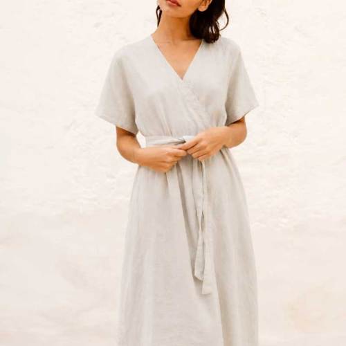 Custom Women's Linen Wrap Dress | Sustainable V-Neck Midi Dress Manufacturer OEM/ODM for Boutiques