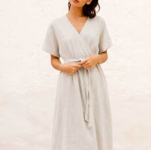 Custom Women's Linen Wrap Dress | Sustainable V-Neck Midi Dress Manufacturer OEM/ODM for Boutiques