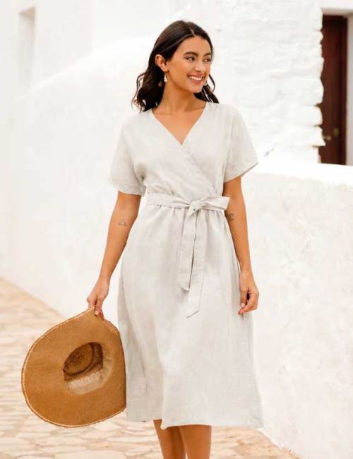 Custom Women's Linen Wrap Dress | Sustainable V-Neck Midi Dress Manufacturer OEM/ODM for Boutiques
