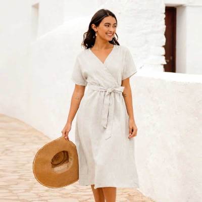 Custom Women's Linen Wrap Dress | Sustainable V-Neck Midi Dress Manufacturer OEM/ODM for Boutiques