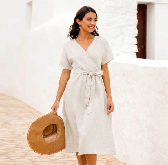 Custom Women's Linen Wrap Dress | Sustainable V-Neck Midi Dress Manufacturer OEM/ODM for Boutiques