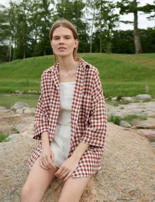 Custom Women's Linen Gingham Shirt | Sustainable Oversized Red Plaid Linen Shirt Manufacturer OEM/ODM for Boutiques