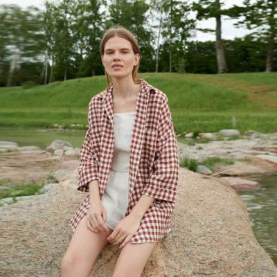 Custom Women's Linen Gingham Shirt | Sustainable Oversized Red Plaid Linen Shirt Manufacturer OEM/ODM for Boutiques