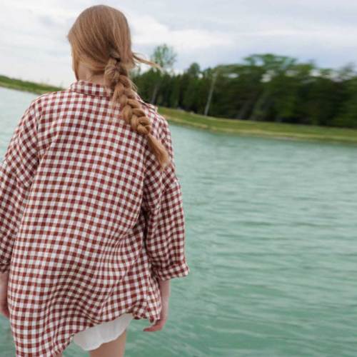 Custom Women's Linen Gingham Shirt | Sustainable Oversized Red Plaid Linen Shirt Manufacturer OEM/ODM for Boutiques