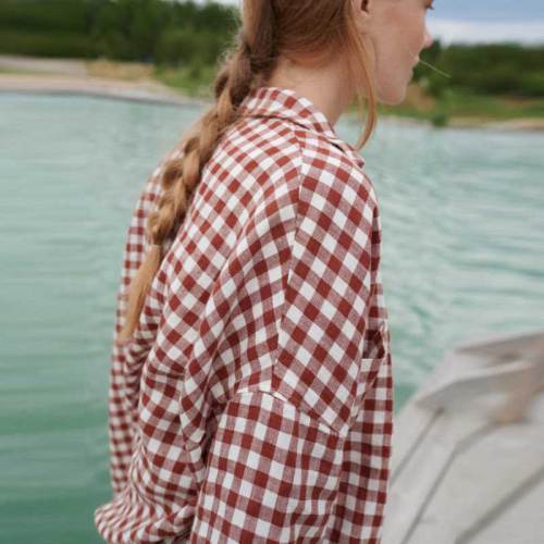 Custom Women's Linen Gingham Shirt | Sustainable Oversized Red Plaid Linen Shirt Manufacturer OEM/ODM for Boutiques