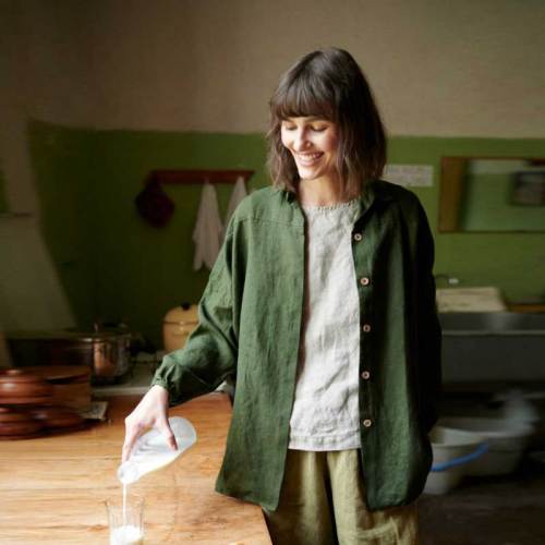 Custom Women's Olive Green Linen Shirt | Sustainable Oversized Linen Top Manufacturer OEM/ODM for Boutiques