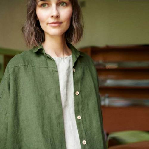 Custom Women's Olive Green Linen Shirt | Sustainable Oversized Linen Top Manufacturer OEM/ODM for Boutiques