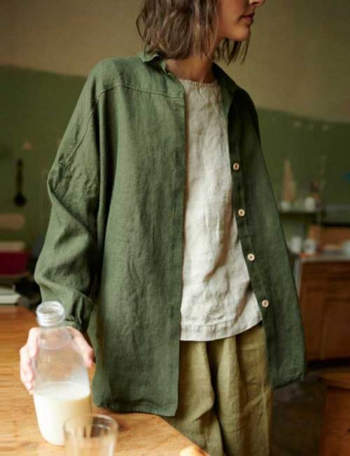 Custom Women's Olive Green Linen Shirt | Sustainable Oversized Linen Top Manufacturer OEM/ODM for Boutiques