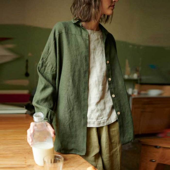 Custom Women's Olive Green Linen Shirt | Sustainable Oversized Linen Top Manufacturer OEM/ODM for Boutiques