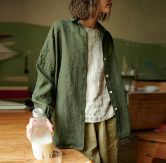 Custom Women's Olive Green Linen Shirt | Sustainable Oversized Linen Top Manufacturer OEM/ODM for Boutiques