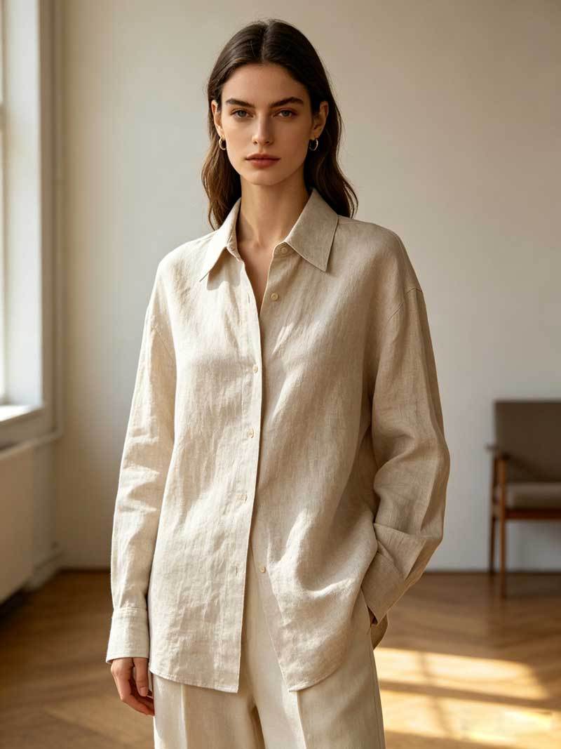 heavyweight oatmeal linen overshirt on model, Nordic minimalist studio setting, soft daylight