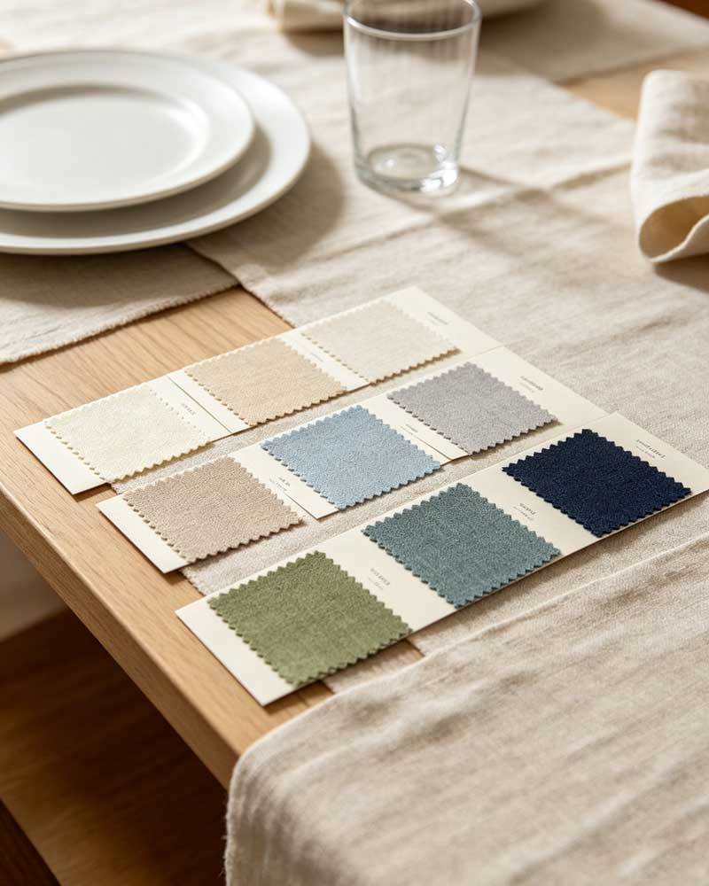 heavyweight linen fabric swatches and color card in Nordic tones
