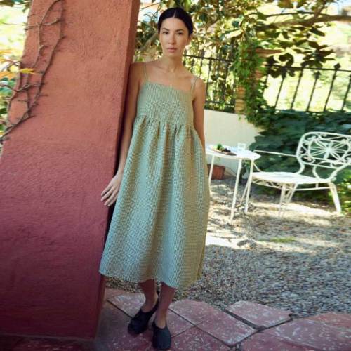 Custom Women's Green Gingham Linen Sundress | Sustainable Drop Waist Linen Dress OEM/ODM Manufacturer for Boutiques