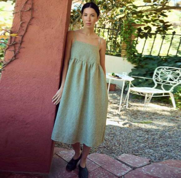 Custom Women's Green Gingham Linen Sundress | Sustainable Drop Waist Linen Dress OEM/ODM Manufacturer for Boutiques