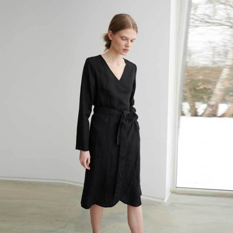 Custom Women's Black Linen Wrap Dress