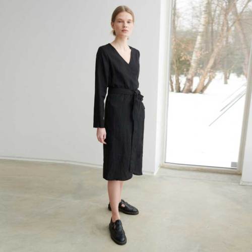 Custom Women's Black Linen Wrap Dress | Sustainable Long Sleeve Midi Dress OEM/ODM Manufacturer for Boutiques