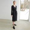 Custom Women's Black Linen Wrap Dress | Sustainable Long Sleeve Midi Dress OEM/ODM Manufacturer for Boutiques