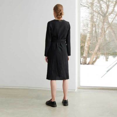 Custom Women's Black Linen Wrap Dress | Sustainable Long Sleeve Midi Dress OEM/ODM Manufacturer for Boutiques